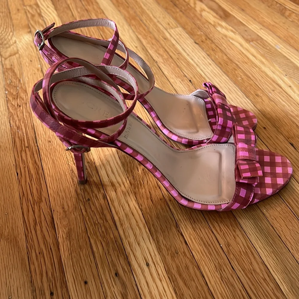 J.Crew Pink Gingham Print Leather Strappy High Heel Sandals with Bow, Size 8.5 - Picture 3 of 10